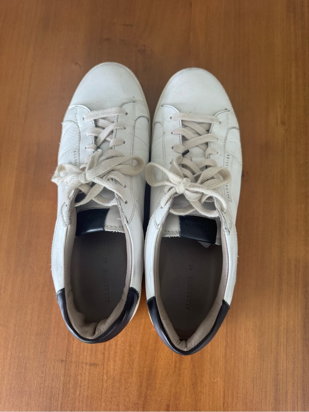 AllSaints Men’s White Leather Low Top Sneakers Black Heel Size EU 46 US 12
